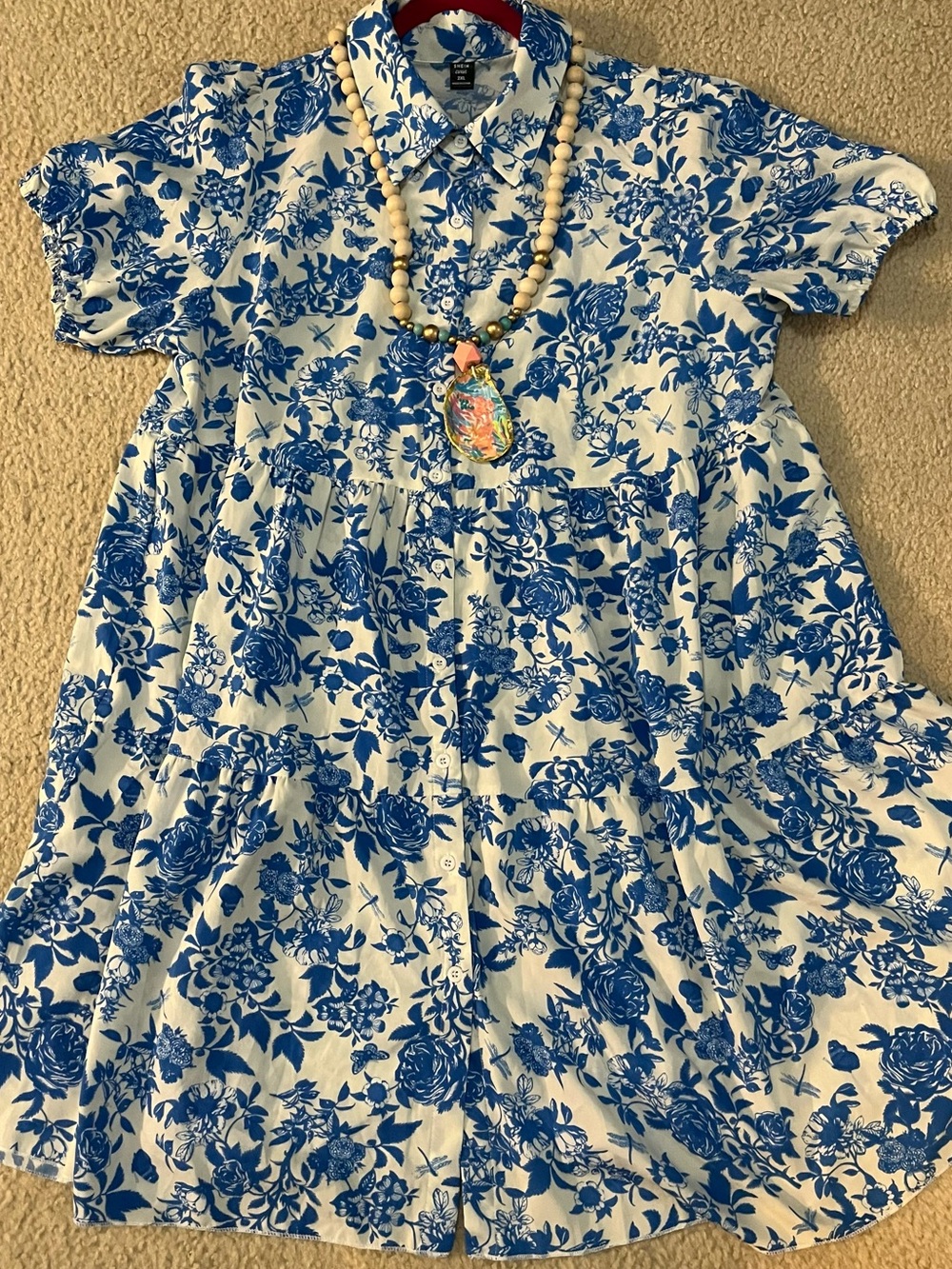 Blue & White floral tiered button down dress with elastic poof sleeves & collar